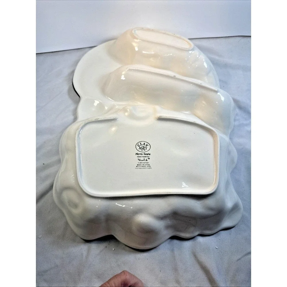 Vtg Clay Art Ceramic Merry Santa Divided 3-Section Chip & Dip Christmas Patter
